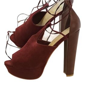 Shoe Dazzle | Peep Toe Marlena Maroon Ankle Strap Platform Heels Size 8
